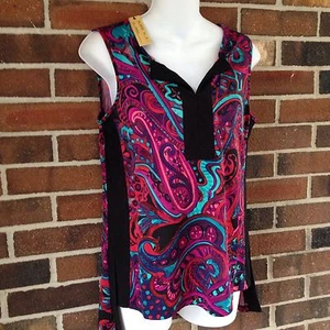 Neu mit Etikett Damen XS schwarz pink blau bunt Tunika Top Paisley hoher niedriger Saum ärmellos - Bild 1 von 3