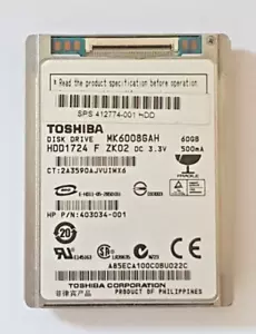 60 GB IDE Toshiba MK6008GAH P-ATA 4200rpm 2MB HDD 1.8" Internal Hard Drive - Picture 1 of 1