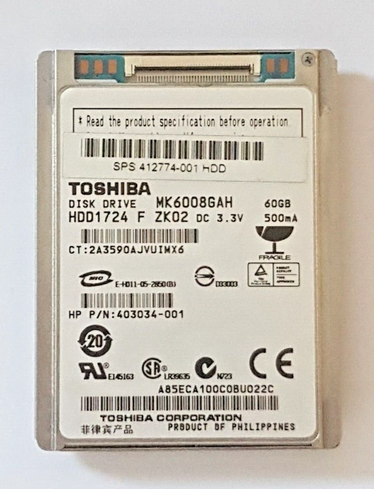 60 GB Ide Toshiba MK6008GAH P-Ata 4200rpm 2MB HDD 1.8 " Internal Hard Drive - Image 1 of 1