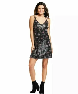 Sequin Dress Black Floral Juniors Sz XS Spaghetti T-Strap V-Neck Xhilaration - Picture 1 of 4