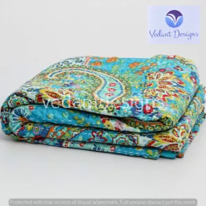 Indian Paisley Print Kantha Quilt Blanket Indian Bedspread Coverlet Throw Art - Picture 1 of 4