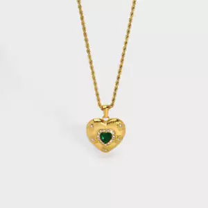 Heart Pendant Gold Necklace Plated 18K Emerald Rope Chain Simulated  Peridot - Picture 1 of 4
