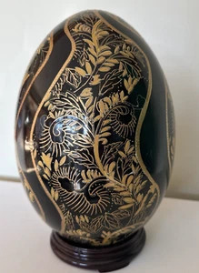 LARGE CERAMIC EGG BLACK GOLD MORIAGE WOOD STAND 10" (on stand) - Picture 1 of 10