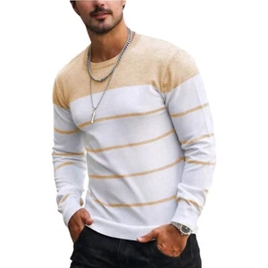 Men's T-shirt Casual Slim Fit Round Neck Long Sleeve With Front Contrast Winter - Picture 1 of 3