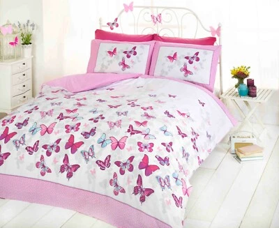 RAPPORT Butterflies Flutter Reversible Duvet Quilt Cover Bedding Set Double King Pink