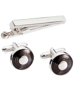 $70 Geoffrey Beene Mens Black Rhodium Dress Cuffs Shirt Cufflinks W/ Tie Clip - Picture 1 of 1