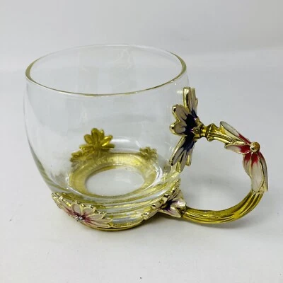 Taza de té o taza de café de vidrio Cenyye flores aplicadas mango de metal pesado usado en excelente estado Foto 1 de 4