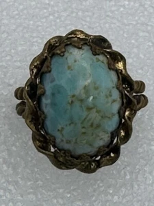Anillo solitario turquesa grande envejecido vintage latón 19x12,5 mm talla 6 relajado - Imagen 1 de 7