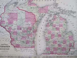Wisconsin & Michigan Milwaukee Detroit 1867 A.J. Johnson scarce issue map - Picture 1 of 4