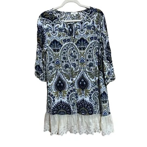 UMGEE Medium Multicolor Paisley Bohemian Print Gauze Lace Hem Tunic Top Blouse - Picture 1 of 8