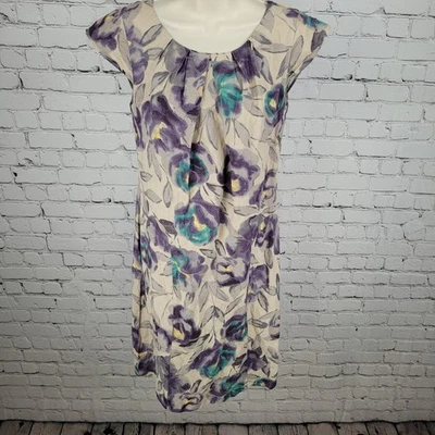 VTG Laura Ashley Tan & Purple Floral Cap Short Sleeve Lined Sheath Dress Size 9 - Image 1 of 4