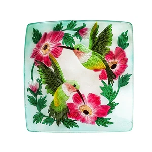 16.5" Hand Painted Embossed Square Glass Bird Bath, Hummingbird duo - Picture 1 of 8