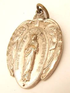 VINTAGE HERZ JESU MEDAILLE ANHÄNGER MIT ENGELN & UNSERER LIEBEN FRAU VON MT KARMEL - Bild 1 von 2