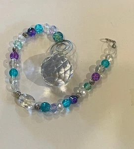 Crystal Prism Beaded Suncatcher- Handmade- Glass Beads- Purple/Aqua - Picture 1 of 5