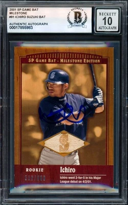 Ichiro Suzuki Auto 2001 SP Game Bat Milestone Piece Card 91 Sig 10 #/500 Beckett - Image 1 of 2