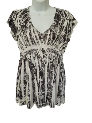 One World Blouse Womens Petite XL  Short Sleeve Black White Rhinestones Babydoll - Image 1 of 4