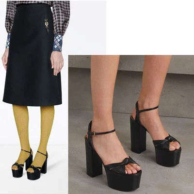 GUCCI SHOES CRAWFORD KNOTTED BLACK LEATHER PLATFORM SANDALS $1,100 sz 41 11 - Image 1 of 4