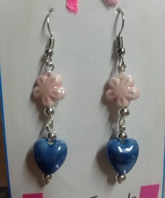 Orecchini Pendenti donna Acciaio con Cuore e Fiore Ceramica 💙 LuaCreazioni 💙 - Immagine 1 di 2