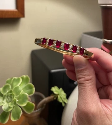 VTG 1950s Simulated Ruby Gold Plated Vintage Bangle Bracelet with Rhinestones - Image 1 of 4