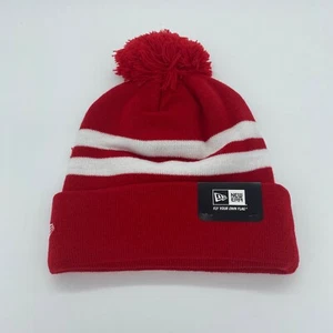 New Era Unisex Adult Winter Hat Beanie Pom Knit Red Striped White Size One Size - Picture 1 of 4