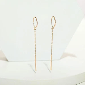Pendiente enhebrador de cadena mínimo hecho a mano joyería de oro macizo de 14k - Imagen 1 de 10