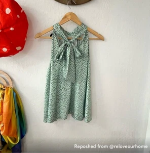 Zara Mint Green Blue Polka Dot Swing High Neck Tie Tank Sleeveless Blouse Size S - Picture 1 of 10
