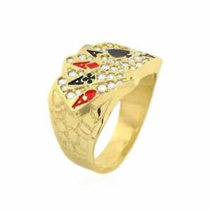 10k Yellow Gold Simulated Diamond Four Aces Poker Signet Ring