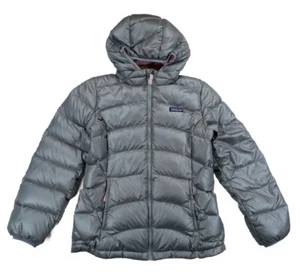 Patagonia Girl’s Large (12) Hi-Loft Down Sweater Hoody Jacket Grey Pink (Holes) - Picture 1 of 11