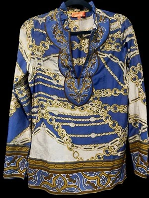 Blusa Hale Bob Cabana Barroca Estampado Cadena Talla L Azul Blanco Algodón Mezcla Seda Foto 1 de 4