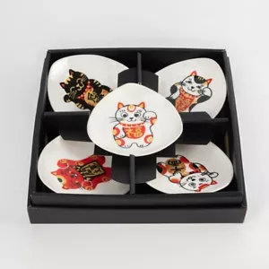 Mino ware Japanese Ceramic small triangle plate Lucky cat Maneki neko set of 5 - Picture 1 of 10