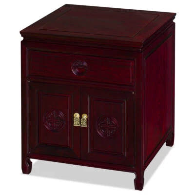 US SELLER - Dark Cherry Rosewood Chinese Longevity Design Nightstand - Image 1 of 4