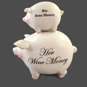Salvadanaio impilato vintage C. M. Redwine His Beer Her Wine Money rosa bianco regalo - Foto 1 di 11
