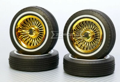 1/10 LOW RIDER White Wall RIMS + TIRES W Nut Covers (4PCS) Set -GOLD CHROME- - Image 1 of 4