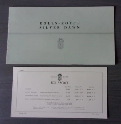 Folleto de ventas y lista de precios Rolls Royce Silver Dawn original 1953 Reino Unido MKT Foto 1 de 4
