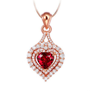 Rose Gold Plated Love Heart Red Fire Garnet White Topaz Silver Necklace Pendants