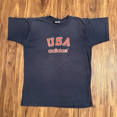 Vintage Adidas USA Shirt Single Stitch 1980s Size Medium Blue Red Soft READ - Image 1 of 4
