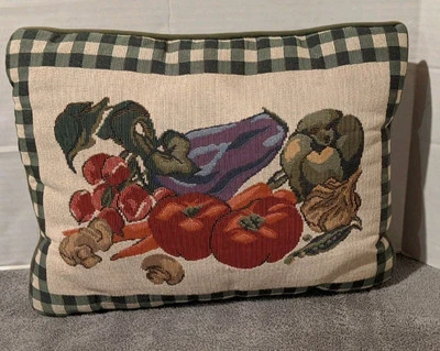Needlepoint Vegetable Garden Pillow with Gingham Border. Pre-owned  - Image 1 of 3