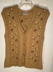Vintage handgestrickte Pulloverweste mit Blumenstickerei Damen hellbraun Größe M - Bild 1 von 11