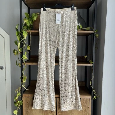 H&M Sequin Trousers 12 - 14 Beige Silver Long Flared / Flares New with Tags - Image 1 of 4