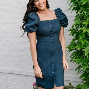 NWT Rachel Parcell Linen Blend Blue Blur Puff Sleeve Button Down Dress Large - Picture 1 of 11