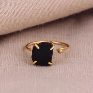 Anillo de obsidiana negra con piedras preciosas en bruto de plata de ley 925 anillo de piedras preciosas negras para mujer - Imagen 1 de 11