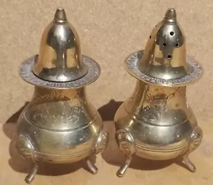 Vintage Old Antique Brass silver decorative salt & pepper pots pair  2 - Picture 1 of 7