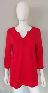 Tommy Bahama Tunic Top Womens S Cotton Red Notch Neck 3/4 Sleeve Side Slit - Picture 1 of 10