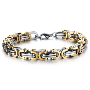 Mens Silver&Gold 2 Tone Stainless Steel Byzantine Chain Bracelet Wristband 8.7" - Picture 1 of 3