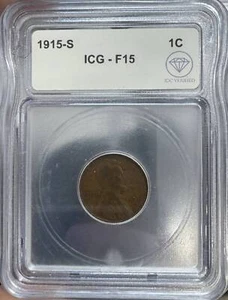 1915 S Small Cents Lincoln, Wheat Ears Reverse ICG F-15 IDC Verified - Picture 1 of 2