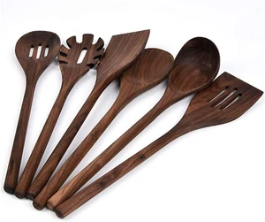 6 PCS Wooden Kitchen Utensils Set, Black Walnut Wood Long Handle Spoons and Spat - Picture 1 of 7