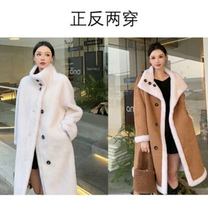 Womens 100% Wool Lamb Fur Real Shearling Mid Long Reversible Coat Overcoats Warm - Picture 1 of 19