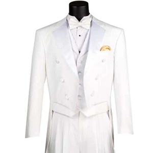 VINCI Men's White Classic-Fit Tailcoat Tuxedo Suit w/ White Vest - NEW - Picture 1 of 4