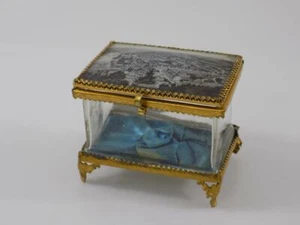RARE BIEDERMEIER SCHATULLE DOSE MESSING STADTANSICHT VERZIERT GLAS SAMT 20.JHD - Picture 1 of 1