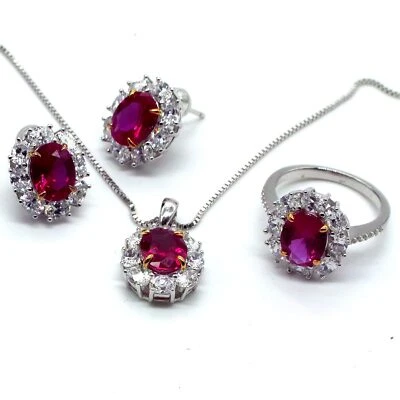 Большой набор рубиновой императрицы — кулон из красного и прозрачного циркония, кольцо и заклепки; позолоченные - Изображение 1 из 4